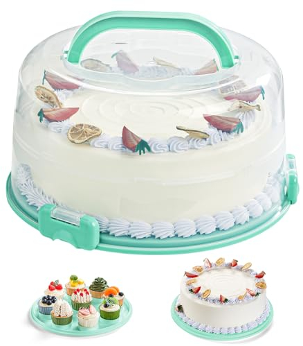Lifewit Cake Carrier with Lid and Handle, Two Sided Cupcake Carrier Holder for 10” Cake or 9 Standard-Sized Cupcakes, Plastic Round Cake Transport Storage Container Stand for Pies and Cookies, Green