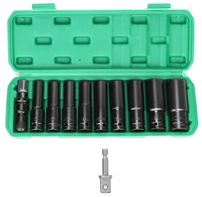 QWORK® 11 Piezas Llaves de Vaso Impacto Profundo de 1/2 con Adaptador de Dado, Vasos de Impacto Largos 10-24mm