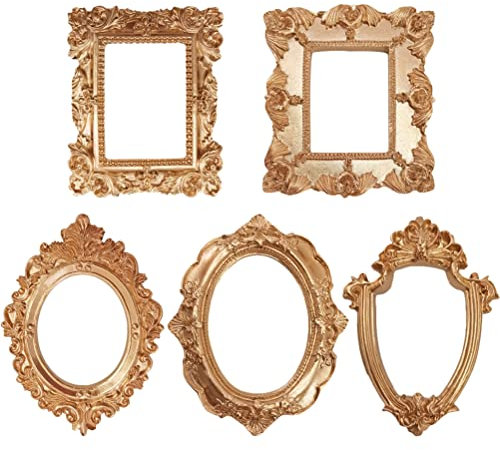 Cabilock 5 Pièces Lot de 4 cadres photo vintage en résine dorée Style rétro Mini cadre photo antique Cadre photo ovale créatif Cadres vintage pour décoration murale