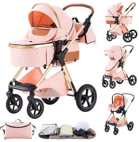 BEBBY Kinderwagen 3 in 1,Kinderwagen Buggy Mit Babyschale,Mit Höhenverstellbarer buggy Komplettset Faltbare tragbare,Buggys Mit Aluminiumrahmen für Neugeborene 0 bis 3 Jahre (Pink-6, H2)
