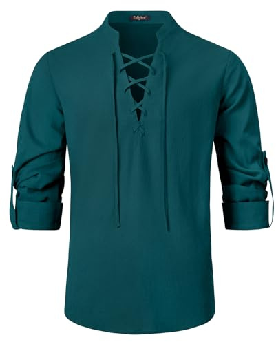 Enlision Herr Linneskjorta Klassisk Snörig Långärmad Casual Medeltida Vintage Kostym, Blågrön, XL