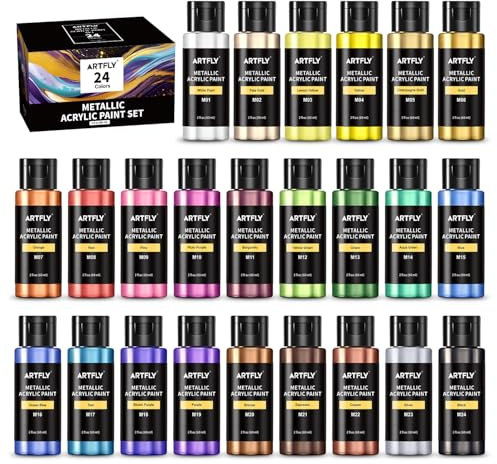 ARTFLY Metallic Acrylfarben Set, 24 Metallic-Farben in 2 oz/60 ml-Flaschen, metallisch glänzende Acrylfarbe, perfekt für Künstler, Anfänger auf Leinwand, Steinen, Holz, Stoff, Keramik