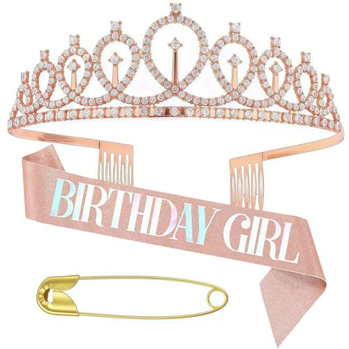Födelsedagskrona, födelsedagskorna, prinsessa, krona, glitter, roséguld, födelsedag, flicka, skärp och strass, tiara, kit för födelsedag, present, festtillbehör och dekorationer (roséguld-2)