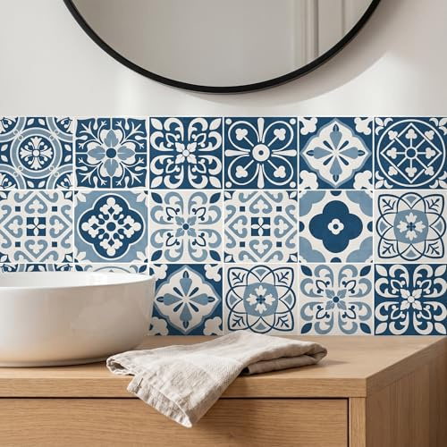 MEIHEA 30 Pack Blue and White Peel and Stick Backsplash, 4x4 Inch Mediterranean Tile Stickers, Waterproof Vinyl Wall Decals for Kitchen & Bathroom