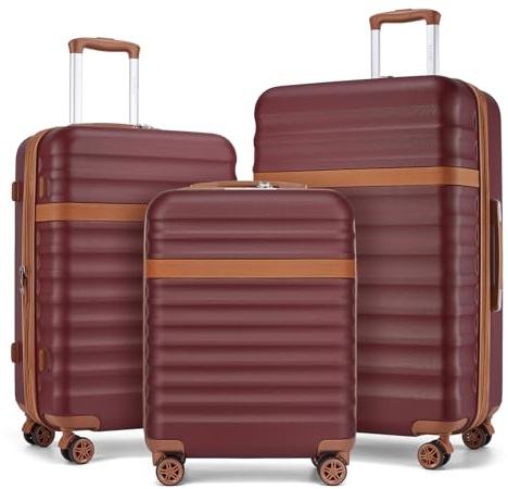 KONO Set Valigie da 3 Pezzi Valigia Bagaglio a Mano Trolley Valige ABS+PC Valigia 55cm + Valigia 65cm + Valigia 75cm con 4 Ruote e TSA Lucchetto, Bordeaux/Marrone