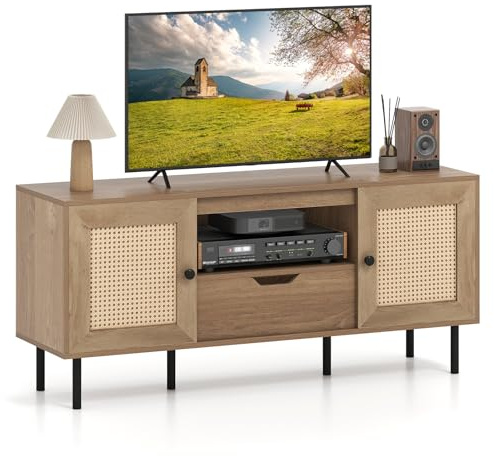 COSTWAY TV Stand Cabinet for 60 Inch TVs, Boho Wooden Media Entertainment Center with Rattan Doors, Drawer and Storage Shelf, 6 Metal Legs TV Unit Console Table for Living Room Bedroom, Natural