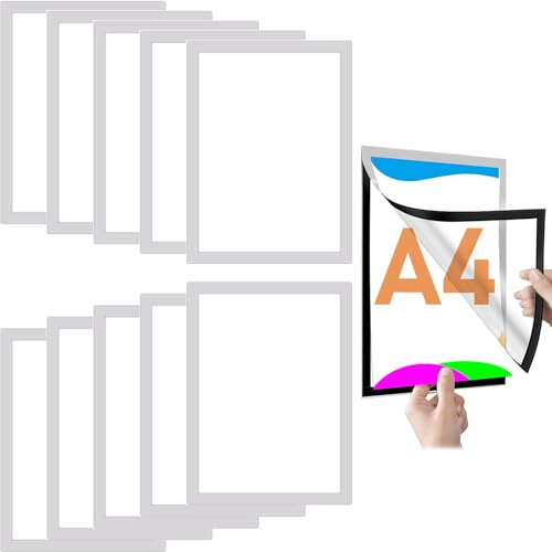10 Stück Magnetrahmen A4 mit Magnetverschluss, Info-Rahmen Selbstklebend, Silber Infotasche Blatthalter, für Fotos, Informationsrahmen, Wanddekoration, Bilder, Poster, DIN A4 Format 32,5 x 24 cm