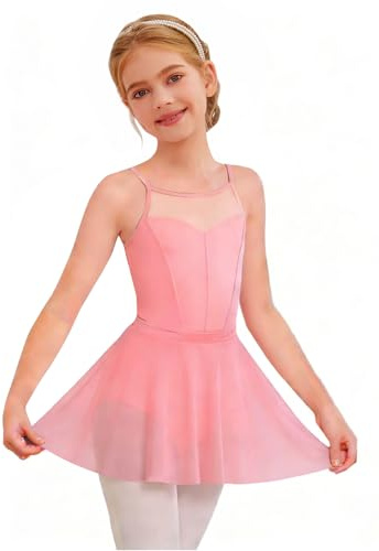 Haloumoning Girls Ballet Leotards with Removable Skirt Toddler Sleevesless Mesh Dance Outfit Combo 3T-10Y Pink