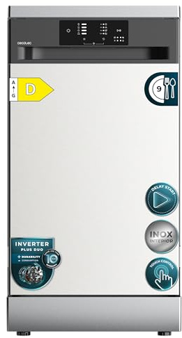 Cecotec Lavavajillas 45 cm Libre Instalación Bolero Aguazero 4350 Inox. 9 Cubiertos, 4 Programas, Motor Inverter Plus Duo, Panel Touch, Autoclean, Delay Start, Cesta para Cubiertos, Inox
