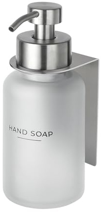 400ml Glas Seifenspender mit Wandhalterung Edelstahl Pumpspender für Flüssigseife ohne Bohren (Frost/Silber)