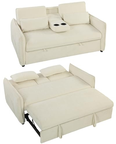 HOMCOM Divano Letto 2 Posti 3 in 1 in Ciniglia, Divano Letto Matrimoniale Clic Clac Estraibile Reclinabile 3 Livelli, Tavolino, 2 Cuscini Spessi, Tasche Laterali, Braccioli, per Soggiorno, Beige