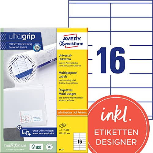 AVERY Zweckform 3423 Adressaufkleber (1.600 Klebeetiketten, 105x35mm auf A4, Papier matt, individuell bedruckbare Absenderetiketten, selbstklebende Adressetiketten mit ultragrip) 100 Blatt, weiß