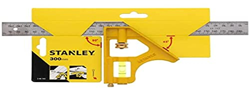 Stanley 2-46-143 - Escuadra multiusos de ángulo 30x14x2 cm, Medidor de profundidad y una fila integrada de 360°, Graduación en mm y pulgadas, Hoja de acero inoxidable resistente, Fácil ajuste