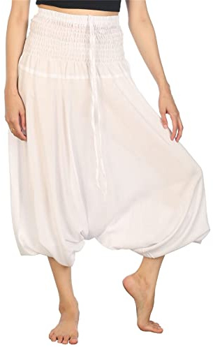 Lofbaz dam 2 i 1 haremsbyxor och jumpsuit med mjuk midja, Soild vit, L
