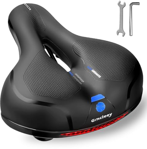 Gincleey Comfort Bike Seat for Women Men,Wide Bicycle Saddle Replacement Memory Foam Padded Soft Bike Cushion with Dual Shock Absorbing Universal Fit for Indoor/Outdoor Bikes with Reflect