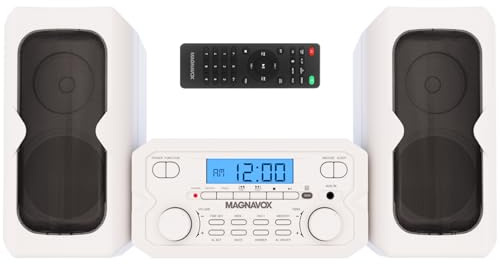 Magnavox MM435M-WH 3-delat kompakt CD-hyllsystem med digital FM-stereoradio, Bluetooth trådlös teknik och fjärrkontroll i vitt | LCD-skärm | AUX-portkompatibel | 2022-version |