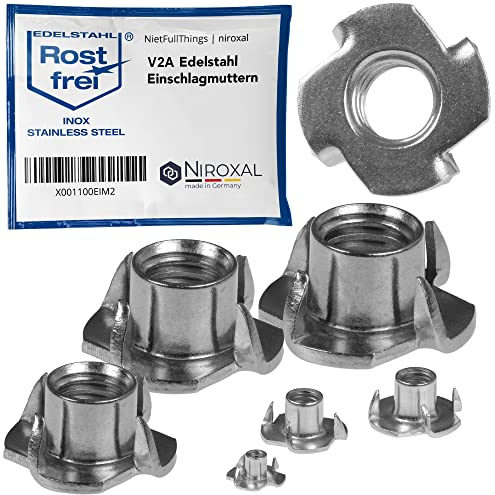 Drive-In Nuts M12 Stainless Steel Pack of 10 V2A Drive-In Nuts with 4 Drive-In Tips Metric Thread Insert Nuts for Wood Plastic