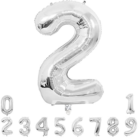 Unisun Number Balloons, 40inch Large Silver Number 2 Foil Mylar Helium Balloons for Birthday Party Celebration Decoration