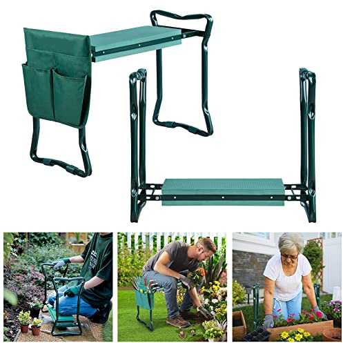 YARDIN Trädgårdspall, knäbänk för trädgårdsarbete, trädgårdssäte med EVA-skumkudde, gummifötter, knäskydd upp till lastkapacitet 150 kg, 59 x 49 x 28 cm grön