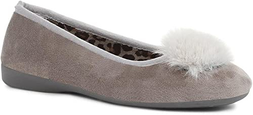 Pavers Women's Ballerina Slippers in Grey with Lightweight Sole and Fluffy Pom Pom Detail - Thermal Lined Comfortable Shoes - Size 6 UK/EU 39