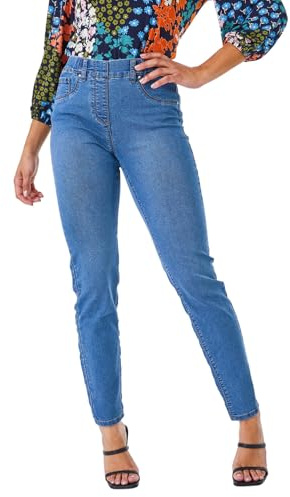 Roman Originals Jeggings for Women UK Jean Ladies Stretchy Trousers Denim Leggings High Waist Rise Pull On Skinny Straight Leg Cotton Pants Smart Casual - Petite Denim (28 inch) - Size 16