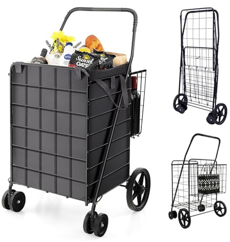 COSTWAY Chariot de Courses Pliable à 4 Roues, Caddie de Courses à Double Panier, Cadre Métallique et Doublure en Oxford, Capacité 126L et Charge 150KG, pour Marché, Epicerie, Lessive (Noir)