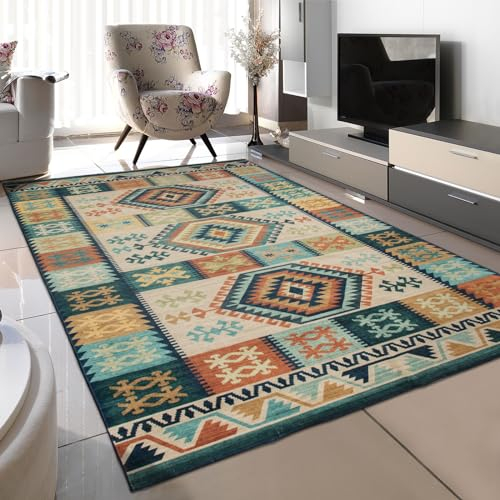 TALETA Teppich Kurzflor rutschfest, bunter Teppich Wohnzimmer waschbar, Schlafzimmer Teppich grün, Vintage Teppich Kelim, Rugs for Living Room, Groß: 120 x 170 cm