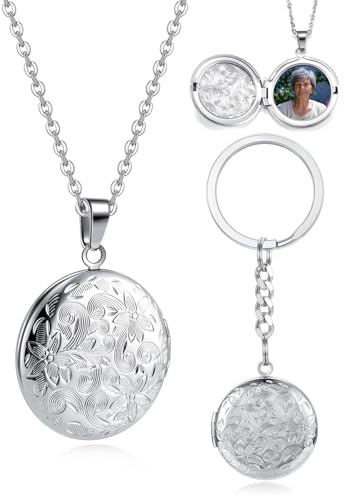 Zysta Medaglione Collana Porta Foto con Ciondolo Apribile in Acciaio Inox per Donna Ragazza Collana con Foto Personalizzata Incisione Nome con Portachiavi Locket Portafoto Fiori Commemorativo Argento