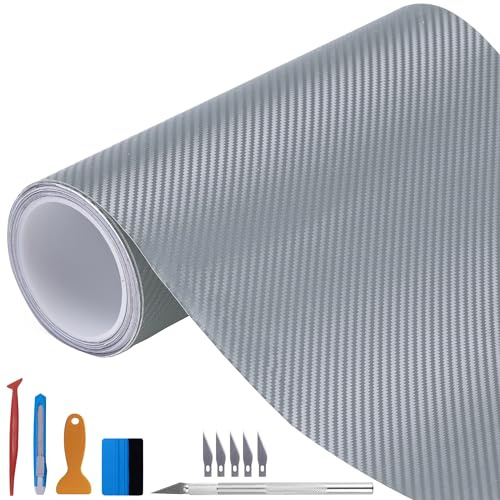 NewL Rollo de Vinilo 3D Plateado de Fibra de Carbono con Salida de Aire, película Adhesiva sin Burbujas, Incluye Herramientas de instalación, 150 x 300 cm
