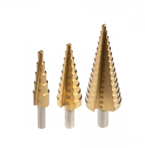 Topolenashop Set 3 Punte Coniche a Gradino HSS Titanio 4-12/4-20/4-32 mm – Frese Coniche per Trapano per Forare Metallo, Ottone, Legno, Plastica, Ferro e Acciaio Sottile