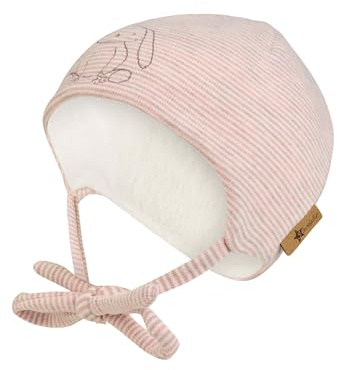 Sterntaler Beanie Hase – Baby Mütze mit Ohrenklappen und Bindeband – Mädchen Erstlingsmütze mit dezenter Stickerei Hase und Fleecefutter - Kopfbedeckung ab Geburt – puderrosa meliert, Größe 35