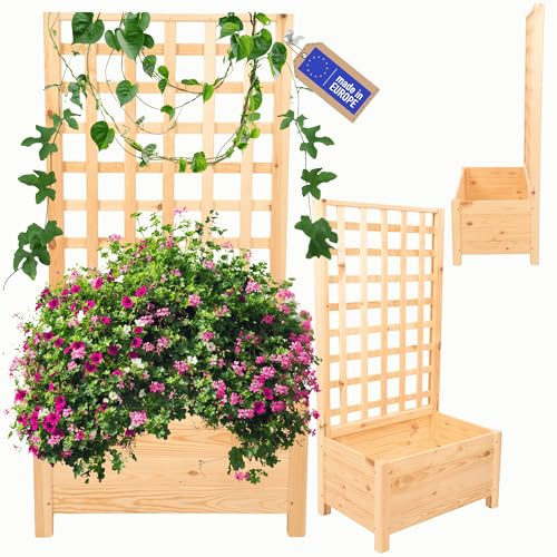 MODO24 Blumenkasten aus Kiefernholz mit Rankgitter, Pflanzkübel mit Spalier Rankhilfe, Hochbeet, Blumenkübel Outdoor Holzkiste für Garten Terrasse Balkon, 116x60x40, Farbe: Natur, Unbehandeltes Holz