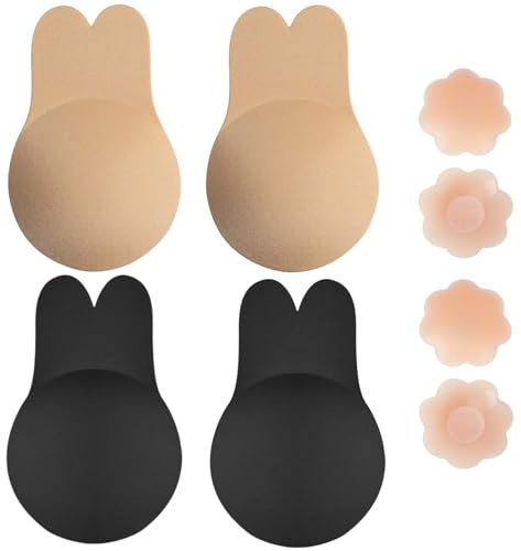 Stick On Strapless Rabbit Bra Sticky Invisible Lifting Bras Cups Backless Nipple Cover Reusable Adhesive Silicone Invisible Push-Up Bra Set for Women's (UK, Alpha, S, Regular, Regular, Beige)