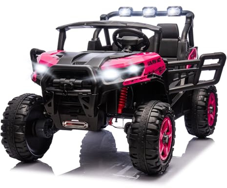 JOYMOR 2-Seater 24V Ride On UTV Truck with Remote Control, 3 Speeds Electric Car with Spring Suspension LED Music, 4 Motors Power Wheel Jeep Toy for Kids Ages 3-8, 135 lbs Weight Capacity (Hot Pink)