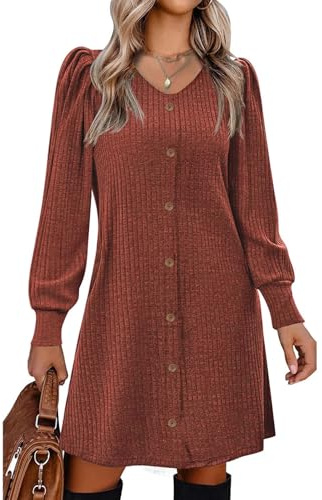 Vossmi Vestiti Donna Invernali Maglia Abito Casual con Bottoni Tinta Unita Maglione Abiti Leggero Pullover Eleganti Abitino Scollo a V Vestito A-Linea Terracotta,M
