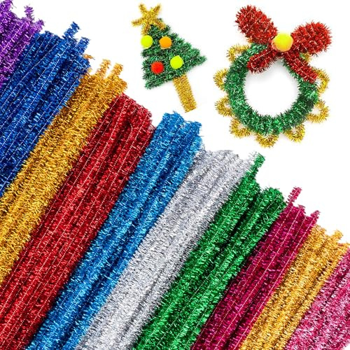 100Pcs Tinsel Pipe Cleaners, Coloured Glitter Tinsel Stems, Pipe Cleaners for Craft, Chenille Wire Bending Plush for Kids Adults DIY Christmas Crafts Decorations