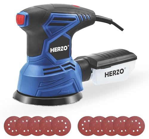 HERZO Levigatrice Orbitale 300W 125mm, 6 Velocità Regolabili, 13.000 giri/min, con Scatola Raccoglipolvere e 10 Dischi Abrasivi per Legno, Metallo e Vernice