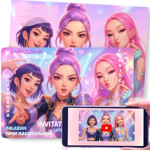 Efecto WOW Tarjetas de invitación fiesta K-Pop con animación AR (Realidad Aumentada) - Invitaciones cumpleaños mágicas e interactivas para niños y niñas-Lote de 12 invitaciones con sobres preimpresas
