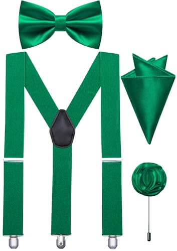 Ailisus Papillon e bretelle regolabili da uomo elastico Y-Back bretelle papillon tasca quadrata spilla set smoking matrimonio, Verde, Taglia unica