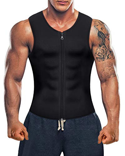 Bingrong Men Waist Trainer Vest for Weight Loss Hot Neoprene Corset Body Shaper Zipper Sauna Tank Top Workout Shirt, Black, L