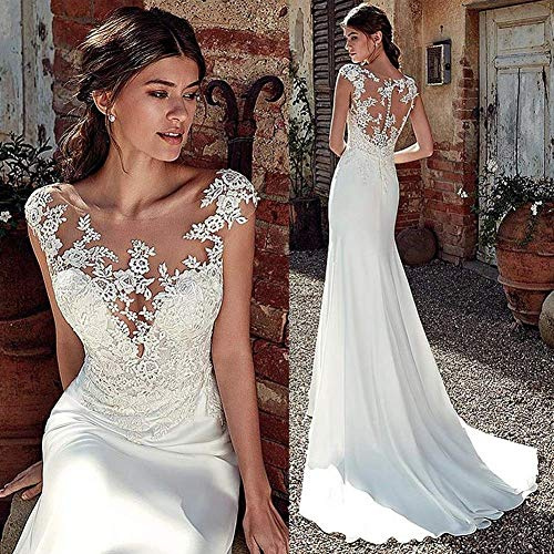 Stylish Simplicity Mermaid Wedding Dress - Soft Satin Lace Applique Sheer Bridal Gown - White, Size 12