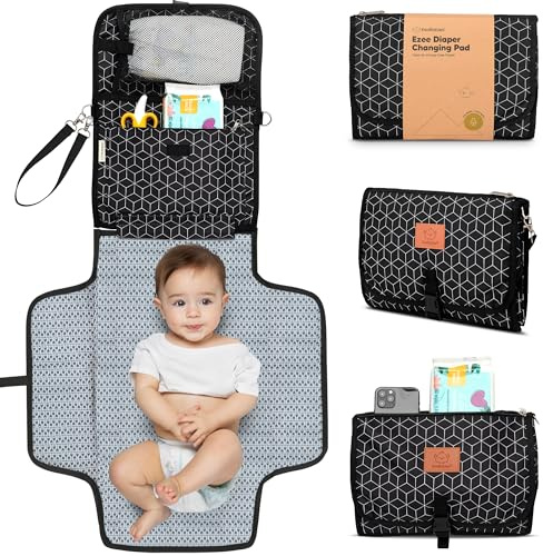 KeaBabies Portable Diaper Changing Pad, Travel, Car - Large Waterproof Baby Changing Mat, Wipeable, Padded, On The Go Travel Diaper Clutch Bag, Easy to Use Pockets for Newborn Essentials (Black Geo)