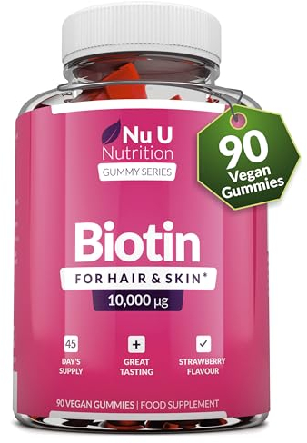 Biotina Gommose 10.000mcg – 90 Gommose Vegane – Gusto Fragola – Caramelle Masticabili per Capelli, Pelle e Unghie – Prodotte in Europa – Nu U Nutrition