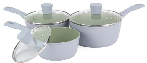 Salter Earth 3pc Saucepan Set – Sustainable Ceramic Non-Stick Coating, PFAS-Free Induction Cookware, Aluminium Cooking Pots with Lids, Easy Clean, PFOA/PTFE-Free, Stay Cool Handles, Green