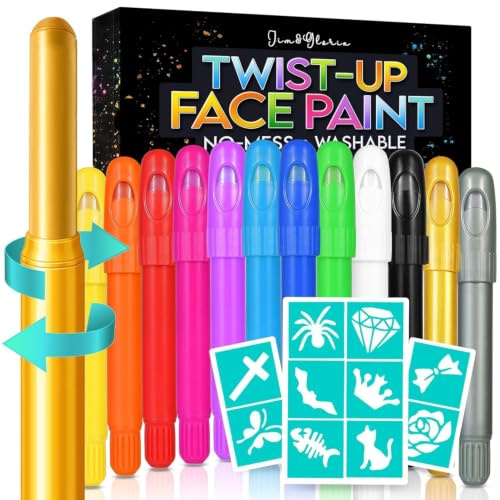 Jim&Gloria Face Paint Kit with Stencils, 12 Large Professional Face Painting Kit for Kids Party Makeup, Facepaint Washable Body Paint for Adults Skin Color Crayons, Girls Christmas Gifts, Crafts Toys