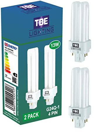 TBE LIGHTING 13w G24Q-1 4-Pin CFL Lamp - Pack of 2 Units - Cool White 4000K, 900 Lumen/Double Turn CFL Compact Fluorescent Light