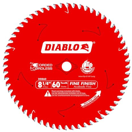 Diablo Fine Finish Saw Blade with Tico Hi-Density Carbide and Perma-Shield - Ideal for Wood, Plywood and Melamine - 8-1/4 in Diameter, 60 ATB Teeth - D0860X
