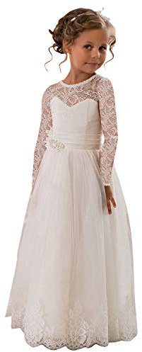 Aibaowedding Abito vintage lungo per bambini, in tulle con cintura/chic, linea ad A, per comunione, damigelle d'onore, per ragazze, 2-12 anni, Avorio a maniche lunghe, 10 anni