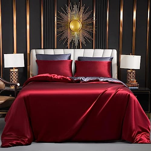 Parure de lit 140x200 Vin Rouge Gris Satin Satinée Housse de Couette Unie Soie Lisse Soyeux Brillant Uni Linge de Lit 1 personne Ensemble Literie avec Fermeture éclair et 1x 65x65cm Taie d'oreiller