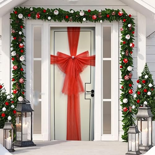 Chexin Grande Decorazione Rossa per Porta di Natale con Diamanti e Nastro, Arco Decorativo con Strass per Natale, Matrimoni, Feste, Tulle per Veranda e Decorazione della Casa (Rosso)